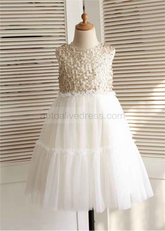 Matte Sequin Ivory Tulle Knee Length Ruffled Flower Girl Dress